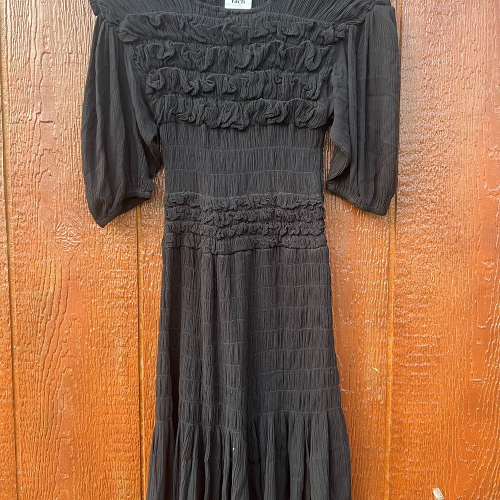 🖤 Tach Black Smocked Ruffle Midi Dress XS Cottagecore Romantic Boho Cotton Blend - Picture 2 of 5